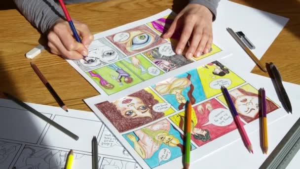 Umělec Kreslí Příběh Kreslí Ručně Kreslí Komiks — Stock video