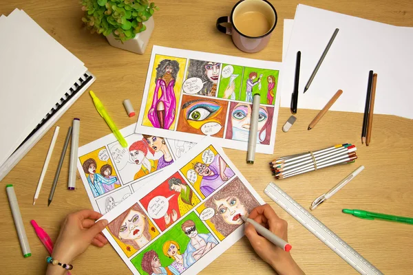 Artist Designer Draws Sketches Comic Book Characters Paper Animator Creates — Stock Photo, Image