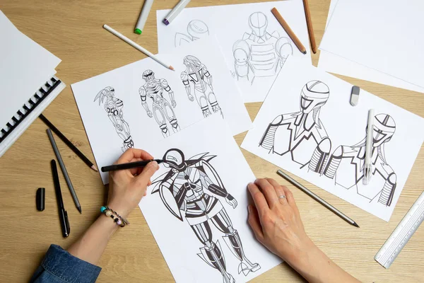 Concept Art Artist Draws Robots Paper Character Design Video Animation — ストック写真