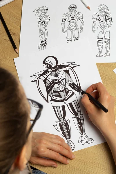 Concept Art Artist Draws Robots Paper Character Design Video Animation — ストック写真