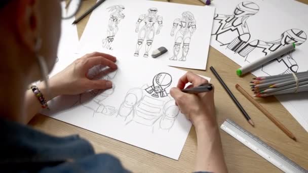 Concept Art Artist Draws Sketches Cyborg Robots Paper Character Design — стоковое видео