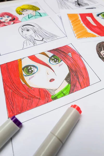 An artist draws a storyboard of an anime comics book. Manga style.