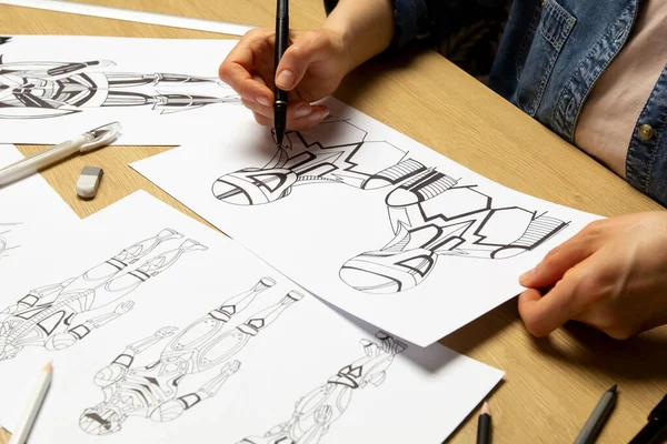 Illustrator Draws Sketches Robot Computer Game Characters Artist Creates Design — Stock Photo, Image