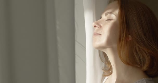 Odadaki Pencerenin Önünde Duran Bir Kadın Rahatlar Bir Kadının Yüzü — Stok video