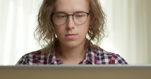 Young Man Working Laptop Internet Student Using Computer Remotely Close — Stockvideo