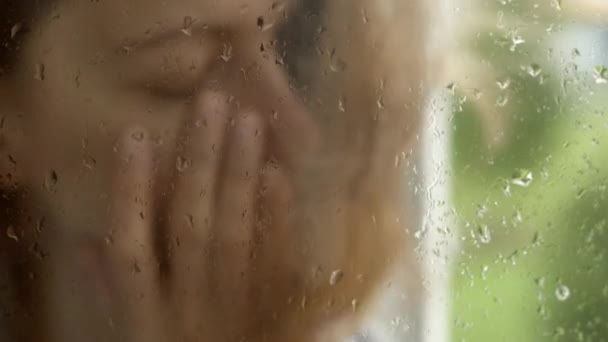 Sorrowful Woman Grieving Crying Woman Window Raindrops Depression Sadness Face — Stockvideo