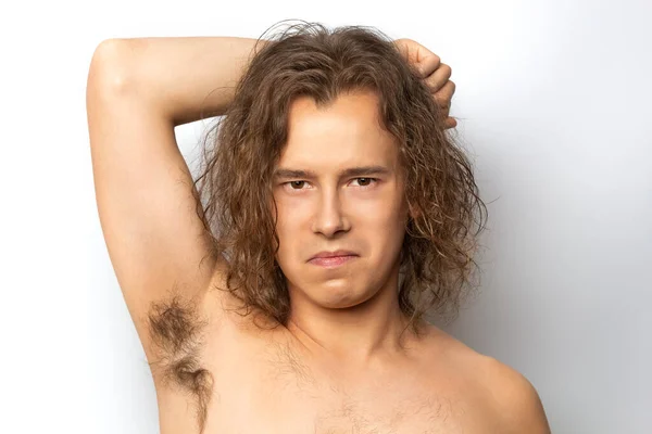 Hairy Armpit Unpleasant Sweaty Smell Young Man White Background — Stockfoto