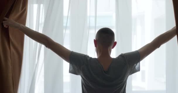 Man Wakes Morning Opens Curtains — Stock Video