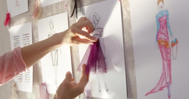 Fashion Designer Develops Design Sketches Designer Creates Women Dresses Seamstress — Vídeos de Stock