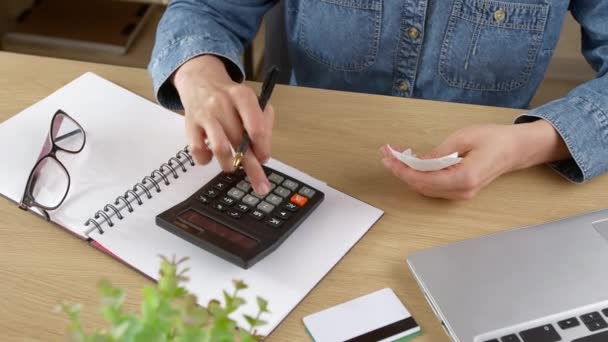 Young Woman Checks Bills Cash Receipt Purchases Calculates Budget Expenses — Vídeos de Stock