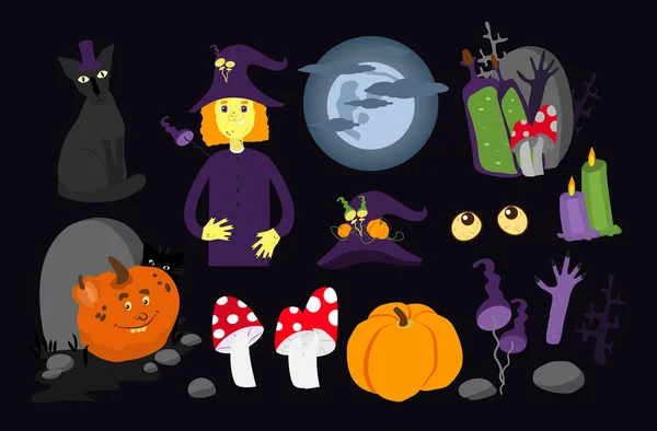 Ensemble Halloween Sorcière Chat Lune Dans Les Nuages Citrouilles Pierre — Image vectorielle