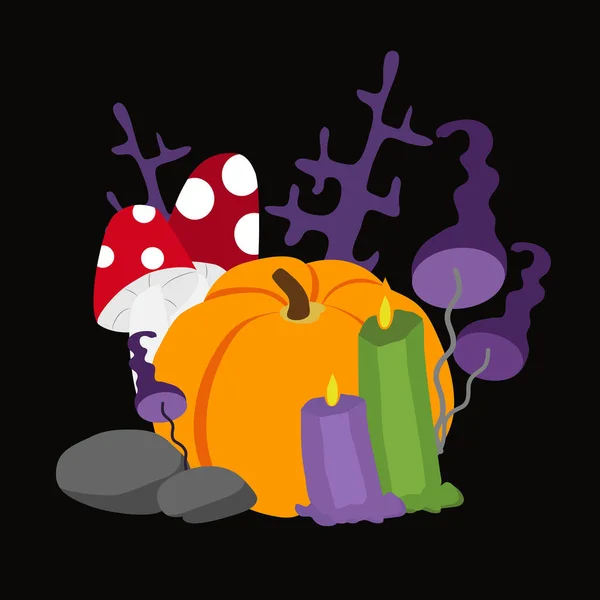 Colagem Halloween Vetorial Abóbora Cogumelos Toadstool Amanita Velas Ramos Rituais — Fotografia de Stock