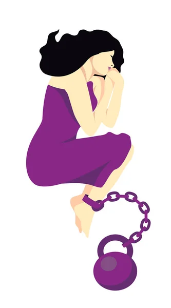 Young Woman Girl Lies Purple Dress Chained Weight Concept Psychological — Stock Photo, Image