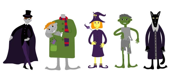 Set Halloween Personnages Zombie Sorcière Vampire Loup Garou Homme Sans — Image vectorielle