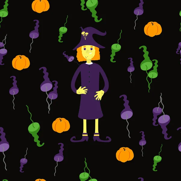Halloween Bezešvé Vzor Čarodějnice Muchomůrky Dýně Černém Pozadí Karikaturním Stylu — Stockový vektor