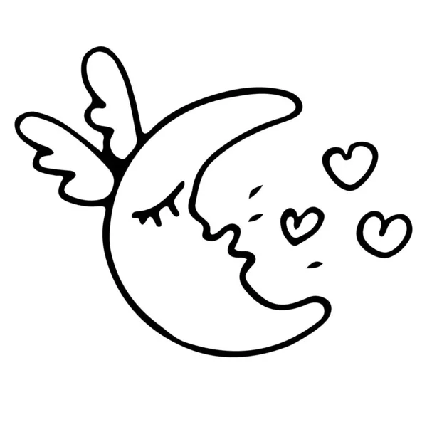 Luna Alada Besos Corazones Vuelan Alrededor Boceto Vectorial Para Día — Vector de stock