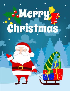 Mutlu Noeller tebrik kartı vektörü. Neşeli Noel Baba, muhteşem bir kış manzarasının arka planında hediyelerle dolu bir kızak taşıyor..
