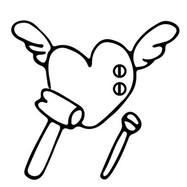 Çivilerle zincirlenmiş kanatlı kalp, çekiç ve yanında büyük bir çivi. Vektör çizimi aşk ilişkilerinde, bağımlılıklarda, kalp ağrılarında, zehirli ilişkilerde, aile içi şiddette acı çekme kavramını gösteriyor. Beyaz arkaplanda izole edilmiş biçim çizgisi