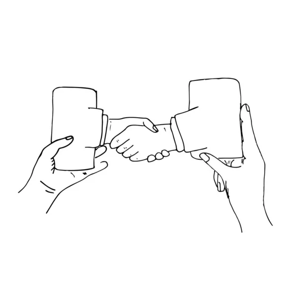 涂鸦现代技术 手握着智能手机 还有人从屏幕上相互握手 — 图库照片