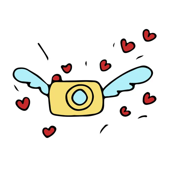 Kanatlı Doodle Retro Kamera Resim Çeker Uçan Kalpler Çizgi Film — Stok Vektör