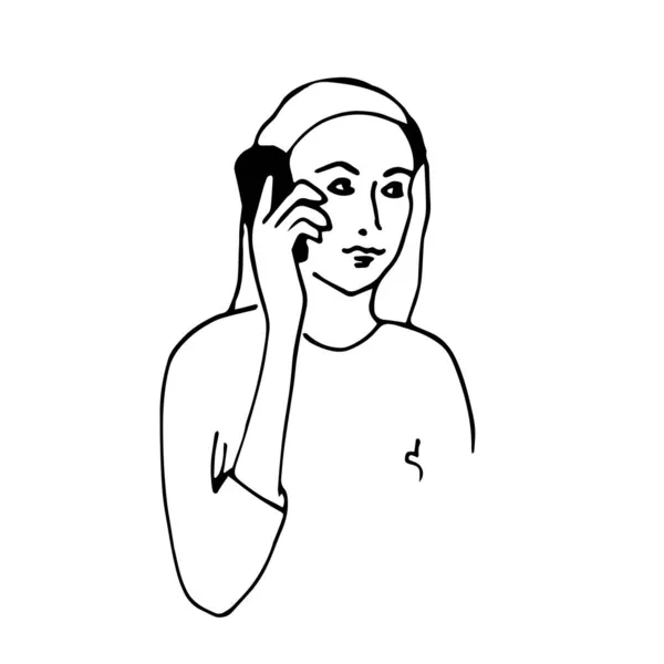 涂鸦女孩或女人在手机上说话 关于白人背景的说明 — 图库照片