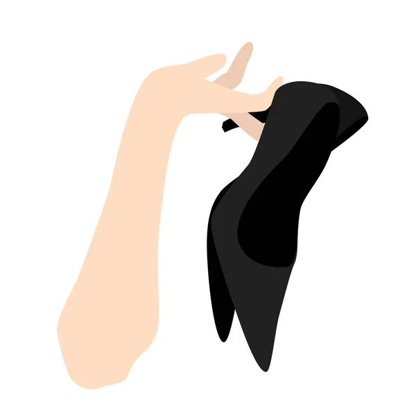 雌性手握着黑色高跟鞋 白色背景上孤立的平面样式插图 — 图库矢量图片