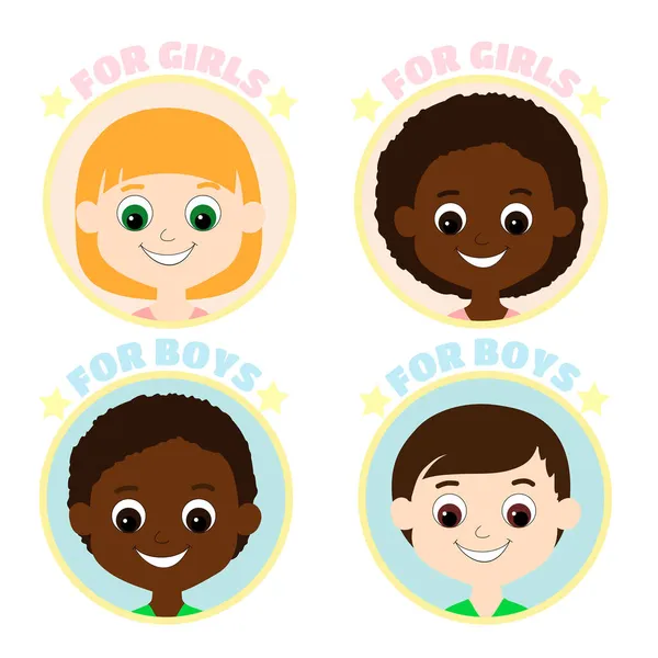 アフリカ系またはアフリカ系アメリカ人の子供の性別アイコンを設定します 男の子と女の子は青とピンクの円で描かれ 男の子と女の子のために書かれています — ストックベクタ