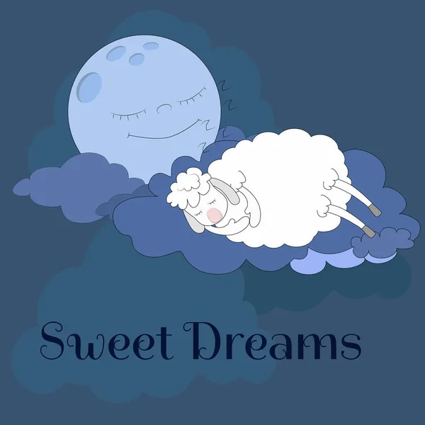 Cartoon Banner Dolci Sogni Luna Rotonda Sorride Guarda Una Pecora — Vettoriale Stock