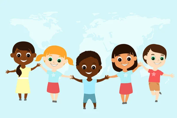 来自不同国籍的快乐的儿童手拉手在蓝色的背景上 手握世界地图 文字的位置 儿童节和各种活动的说明 — 图库矢量图片