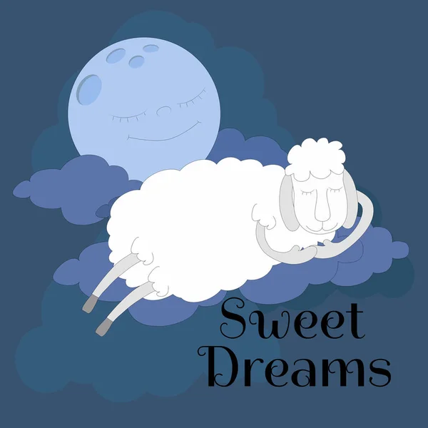 一只白色的小羊睡在圆圆的快乐月亮旁边的云彩上 一个好的睡眠和放松的概念 卡通平面风格 — 图库矢量图片