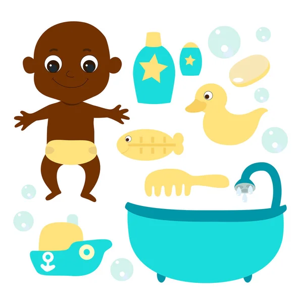 Bebé Afroamericano Africano Bebé Recién Nacido Pañal Conjunto Artículos Para — Vector de stock