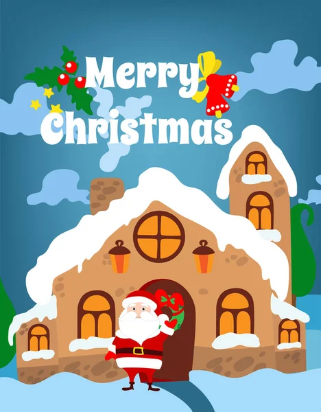 Santa Claus House Close Santa Wife Elves Snowman Deer Sled — Stock Vector