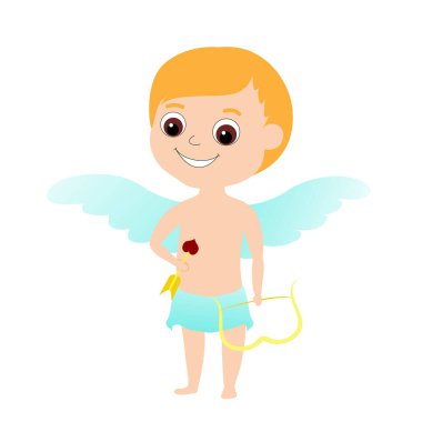 Kanatları ve yayı olan küçük kırmızı bir aşk tanrısı elinde bir ok durur ve mutlu bir şekilde gülümser. Sevgililer Günü çizgi film karakteri beyaz arka planda izole edilmiş. Stok vektör illüstrasyonu.