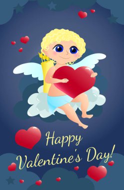Şirin kıvırcık saçlı aşk tanrısı bulutların üzerinde elinde kocaman kırmızı bir kalple oturuyor. Meleklerin mavi kanatları, büyük mavi gözleri ve okları vardır. Tebrik kartı ve mesaj. Sevgililer Günün kutlu olsun..