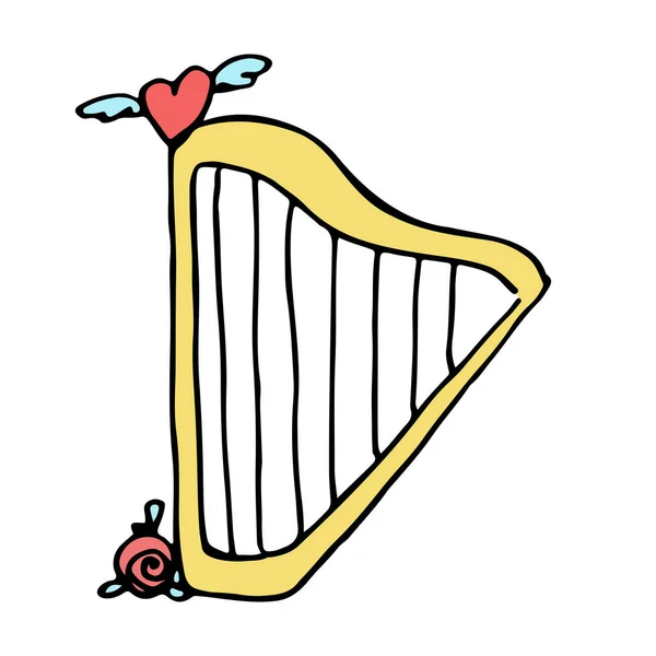 Rysunkowa Harfa Żółtym Kolorze Różą Czerwonym Skrzydlatym Sercem Kolorowe Bazgroły — Wektor stockowy