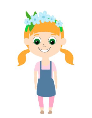 A red-haired girl stands happily smiling. The child is dressed in a jeans sundress, a pink T-shirt, and on her head she has a wreath of blue flowers and a hairdo of ponytails. Cartoon style for kids. vector