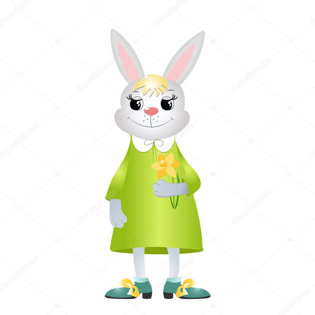 The lovely rabbit smiles happily. Vector illustration of a cartoon Easter bunny. The bunny is dressed in a bright dress and shod in shoes with bows.