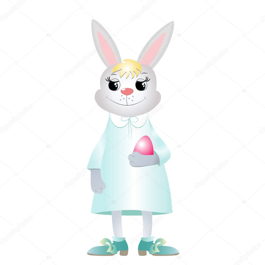 Happy Easter bunnies smiles happily. Vector illustration of a cartoon bunny  for easter cards. Isolated on white background.