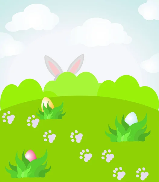 Easter Landscape Ears Stick Out Bushes Juicy Spring Colors Greenery — Stock Vector