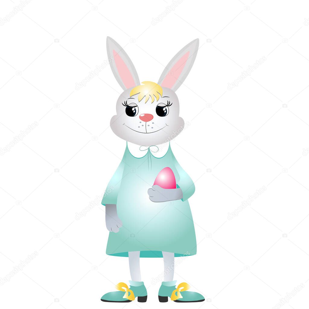 Happy Easter bunnies smiles happily. Vector illustration for easter cards, pictures and design. Isolated on white background.