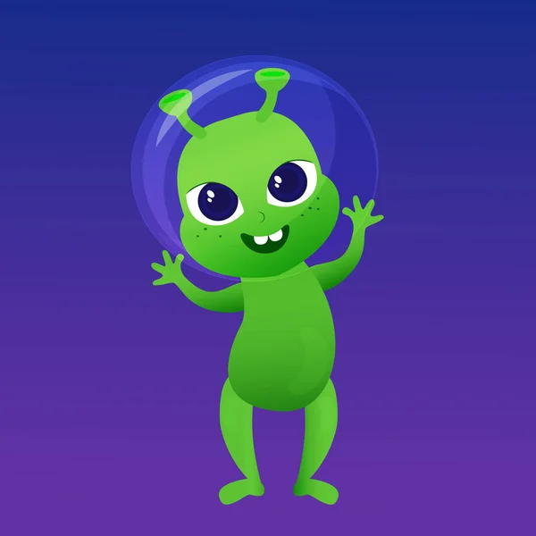 Happy Cute Alien Big Eyes Smiles Happily Character Green Glass — Stock Vector