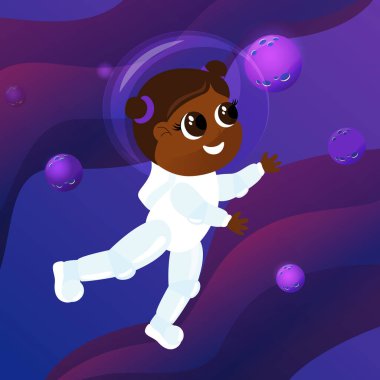 Astronot kostümü giymiş, büyük parlak gözleri olan sevimli bir kız uzayda bir yıldızın peşinden uçuyor. Çizgi film tarzında uzay ve gezegenler. Neşe, eğlence, çocukluk ve hayaller..