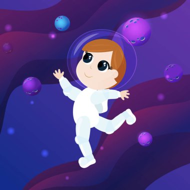 Uzay boşluğunda parlayan büyük gözleri olan astronot kostümlü sevimli bir kız. Evren ve gezegenler çizgi film tarzında. Neşe, eğlence, çocukluk ve hayaller..