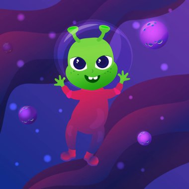 Uzayda uçan kocaman gözleri olan sevimli ve çekici bir uzaylı. Uzaylı dost canlısı ve astronot ya da kozmonot kostümü giymiş. Çocuk tarzında resim.