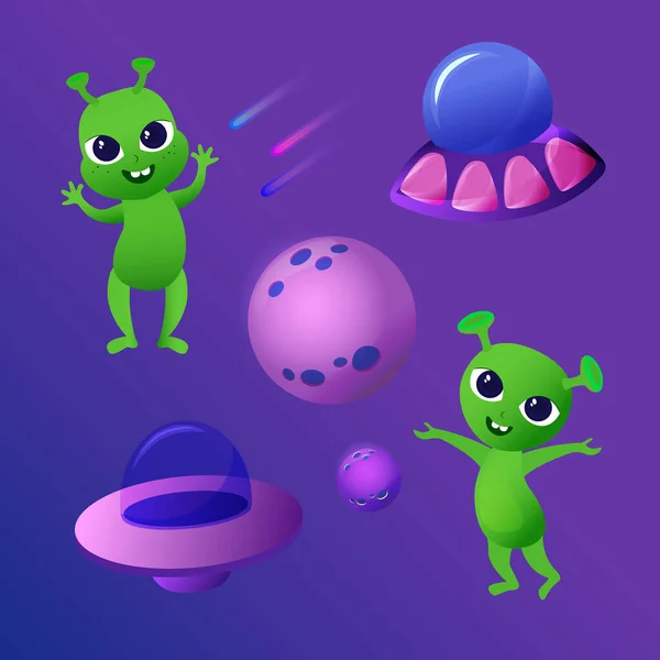 紫色の背景に大きな目と空飛ぶ円盤と惑星と小惑星を持つ小さな種類の緑のエイリアンのセット 漫画の子供っぽいスタイルのUfoコレクション — ストックベクタ