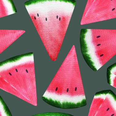 Sulu ve olgun kırmızı karpuz dilimleri. Serofon dikişsiz suluboya deseni. Elle çizilmiş karpuz. Yatak süsü, tekstil, kağıt, mutfak.