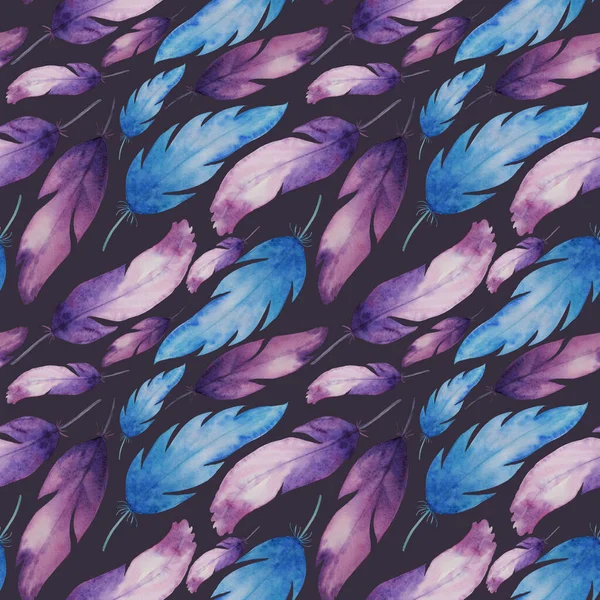 Watercolor Bird Feathers Blue Purple Dark Background Seamless Pattern Textile — Stock Photo, Image