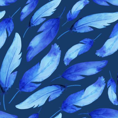 Mavi arka planda kusursuz suluboya desenli mavi kuş tüyleri. Yatak süsü, tekstil, kağıt.. 