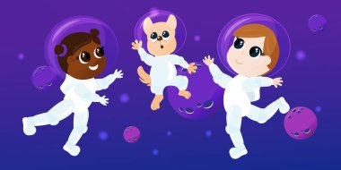 Büyük gözlü iki kız ve bir köpek astronot kostümü ve bir kask giyiyorlar. Çocuklar mutludur ve uzayda uçarlar. Evrenin çizgi film tarzı çizimi.