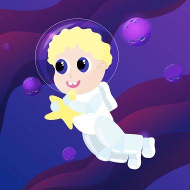 Astronot kostümü giymiş, büyük parlak gözleri olan küçük sevimli bir çocuk uzayda bir yıldızın ardından uçuyor. Çizgi film tarzında uzay ve gezegenler. Neşe, eğlence, çocukluk ve hayaller..